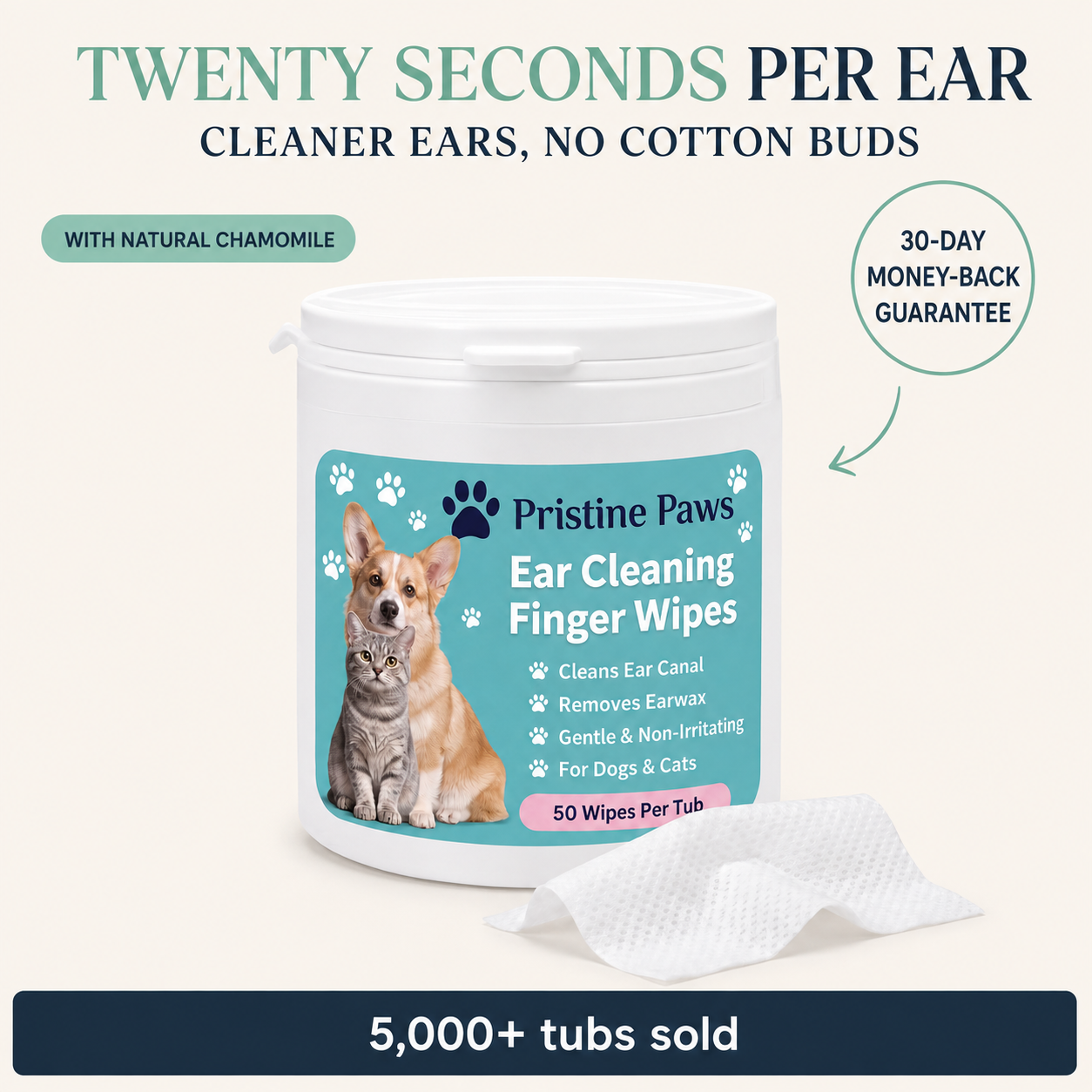 Pristine Paws™ Ear Cleaning Finger Wipes for Dogs & Cats — Gentle Aloe & Chamomile, 50 Wipes